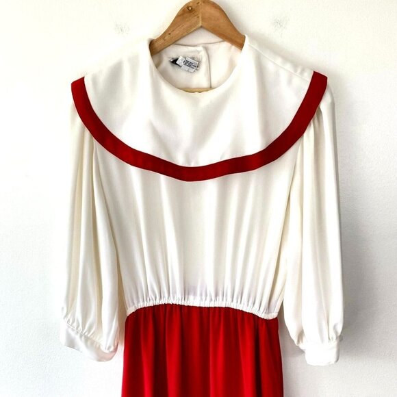 Vintage Pierre Cardin Bib Collar Maxi Dress Womens Sz 14 White Red Modest Sheer - Picture 5 of 16